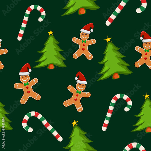 Gingerbread man seamless pattern tile. Christmas cookies cartoon on wrapping paper. Cute smiling character design element. Repeated vector background for winter decoration. Great for greeting card.