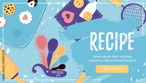 Template banner with baking essentials and tools and Recipe word