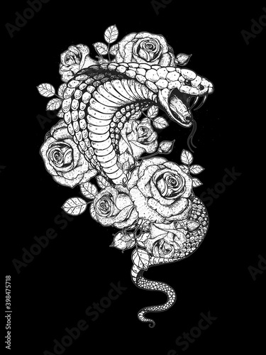 Cobra snake and roses flowers hand drawn illustration. Tattoo vintage print. Hand drawn floral print. Tattoo design.