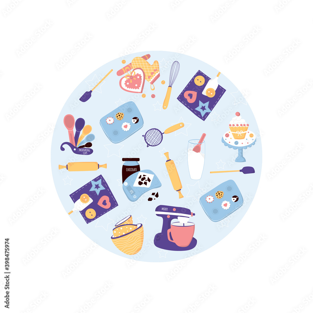 Fototapeta premium Vector illustration. Baking circle sticker with kitchen tools