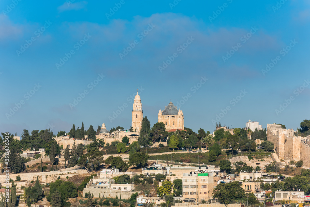 Historic buildings and Abbey of the Dormition , an abbey and the name of a Benedictine community in Jerusalem on Mount Zion, View from Mount of Olives.