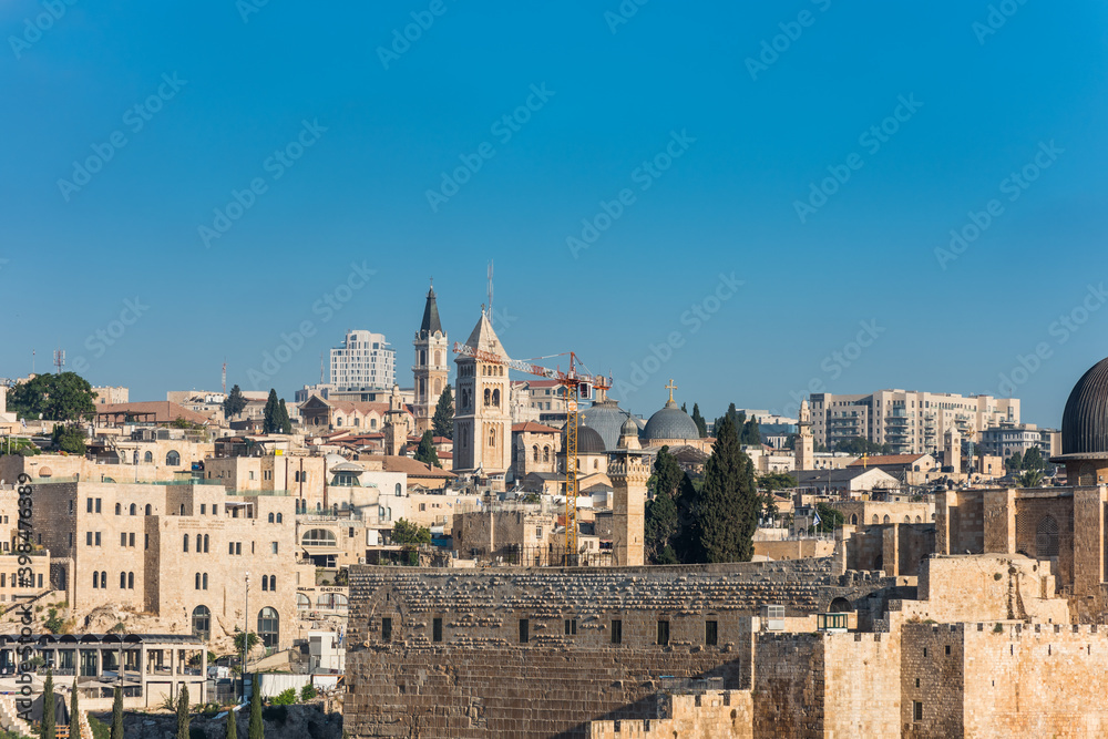 Historic buildings and skylines with Church of the holy sepulchre, Lutheran Church of the Redeemer, monastery of saint saviour, View from Mount of Olive, Jerusalem, Israel