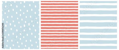 Set of Irregular Geometric Seamless Vector Patterns. White Hand Drawn Spots and Stripes Isoleted on a Pastel Blue and Pale Red Background. Simple Repeatable Print ideal for Fabric, Textile.