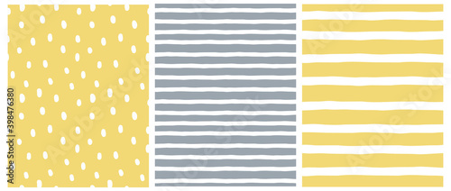 Set of Irregular Geometric Seamless Vector Patterns. White Hand Drawn Spots and Stripes Isoleted on a Ultimate Gray and Illuminating Yellow Background. Simple Repeatable Print ideal for Fabric. photo