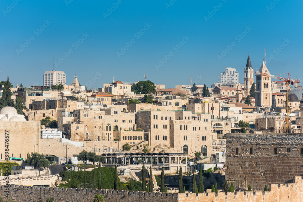 Historic buildings and skylines, and the wall of old city of Jerusalem on the top of Temple mount, View from Mount of Olives.