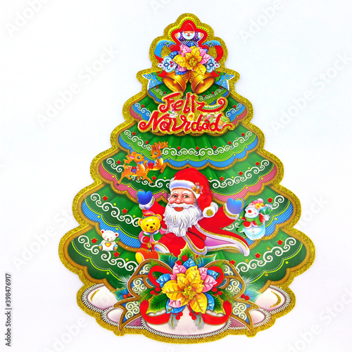 Christmas tree cardboard paper ornament with brilliantine, two christmas bells, mini santa claus, treetop star, merry christmas phrase in spanish, happy santa claus, mini reineers, mini tedd photo