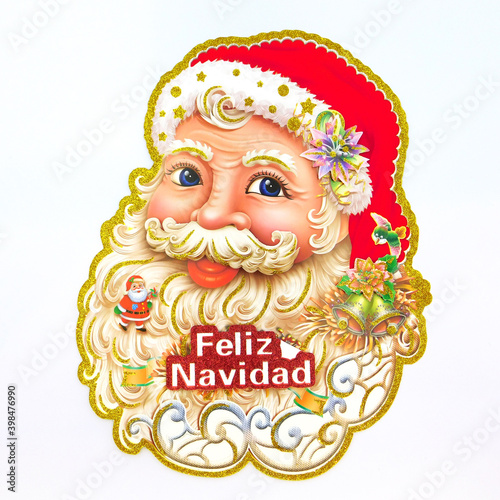 Santa cardboard paper ornament with brilliantine, mini santa claus in beard,christmas bells, little bird, classic draw, vintage design, happy santa claus, gift bow, ribbon, merry christmas in spanish, photo