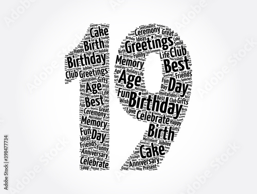 Happy 19th birthday word cloud, holiday concept background