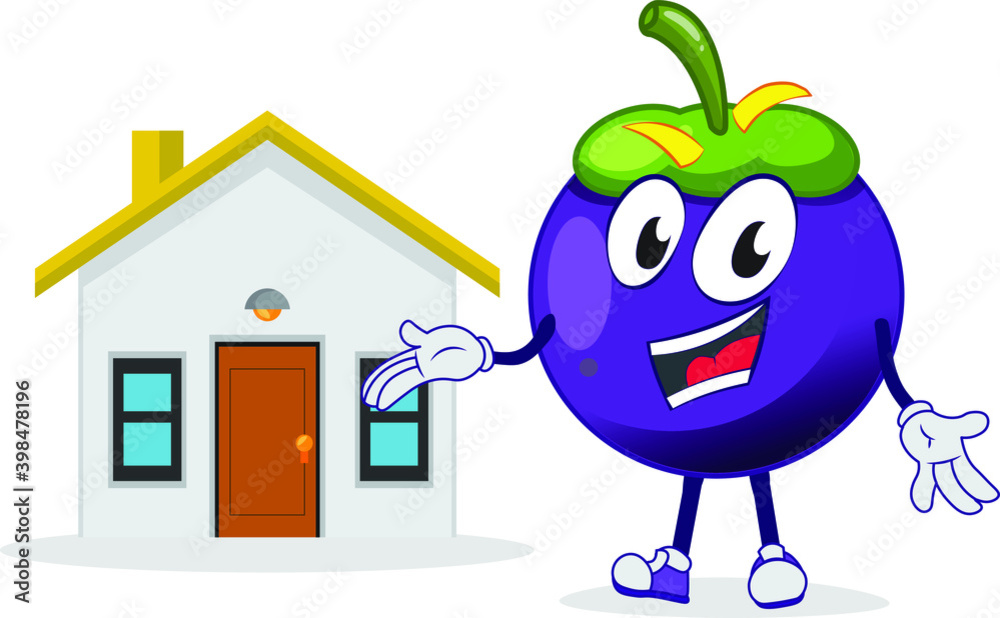 joyful funny mango Steen character presenting a house real estate business