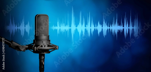 Microphone in the light with blue waveform on modern blue background, broadcasting or podcasting banner	
