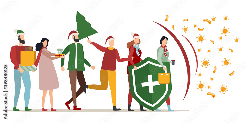 Immune system vector logo icon. Protection against bacteria. A healthy family celebrates Christmas and New Year, stands behind the shield, and the shield repels the attack of bacteria.