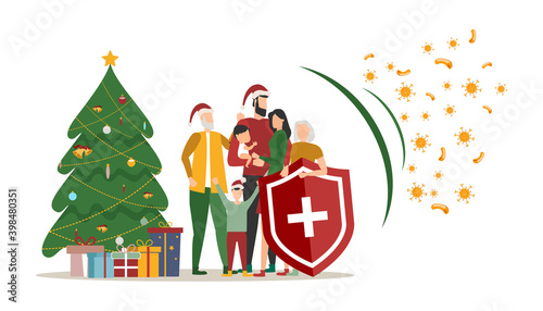 Immune system vector logo icon. Protection against bacteria. A healthy family celebrates Christmas and New Year, stands behind the shield, and the shield repels the attack of bacteria.