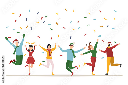 Happy people at a Christmas and New Year's corporate party. Positive men and women dancing and having fun. Set of modern vector characters.