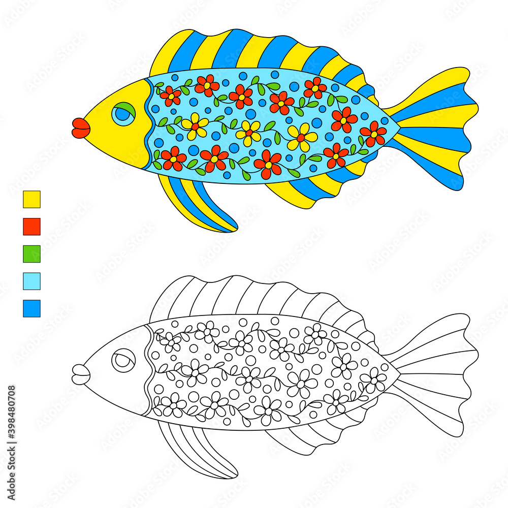 Ornate stylized fish for children coloring book. Cartoon fish with ...