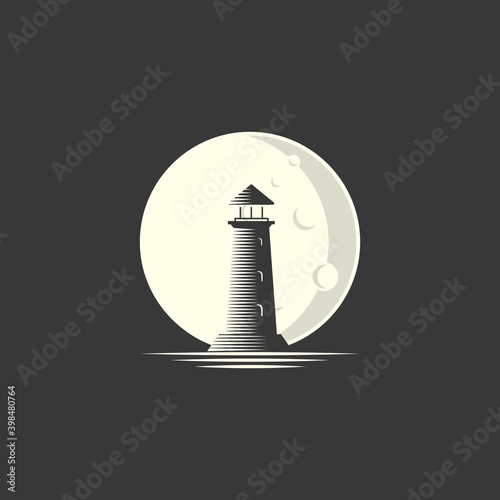 Lighthouse with moon illustration logo design vector template  