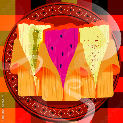 Ilustración de tamales de dulce, rajas y mole para día de la candelaria. 