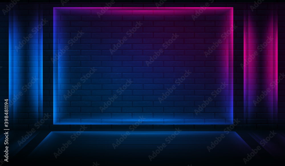 Neon shapes on a dark brick wall. Ultraviolet lighting. Brick wall, concrete floor. 3d illustration Neon shapes on a dark brick wall. Ultraviolet lighting. Brick wall, concrete floor. 3d illustration