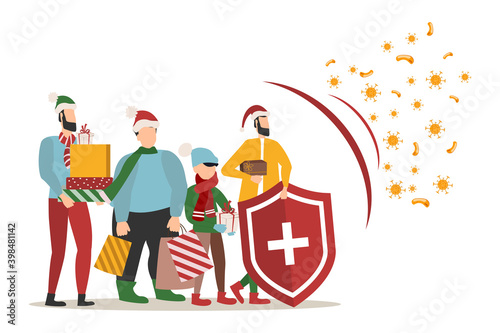 Immune system vector logo icon. Protection against bacteria. Healthy men and women with gifts stand behind the shield during the Christmas and New Year celebrations to ward off the bacteria attack.