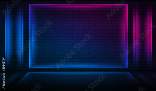 Neon shapes on a dark brick wall. Ultraviolet lighting. Brick wall, concrete floor. 3d illustration © Laura Сrazy