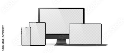 Set of realistic monitor, laptop, tablet, phone on a white background. Collection realistic devices in a imac, Macbook, ipad, iphone style