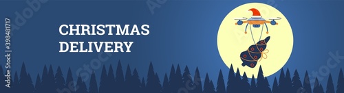 Banner contactless christmas delivery. The drone carries a decorated fir tree over the forest. Background with place for text. Vector illustration