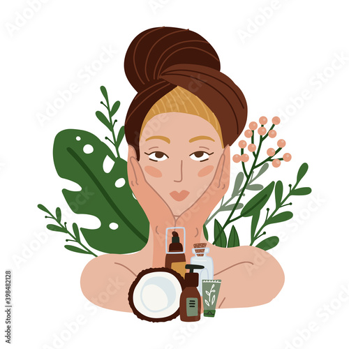Beautiful girl with towel and coconut natural cosmetics. Spa beauty facial care . Women with beauty plants and flowers on background. Vector flat Illustration