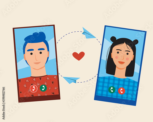 Couple and online relationship isolated, love messages, flat vector stock illustration with mobile phone for internet romance