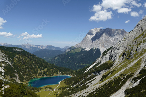 Mountain view Zugspitze with lake Seebensee in foreground  Tyrol  Austria