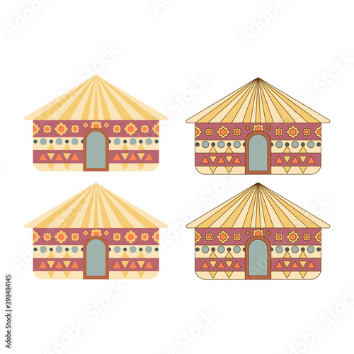 National dwellings. Houses and huts in an African village. Cartoon Flat style. Vector illustration.