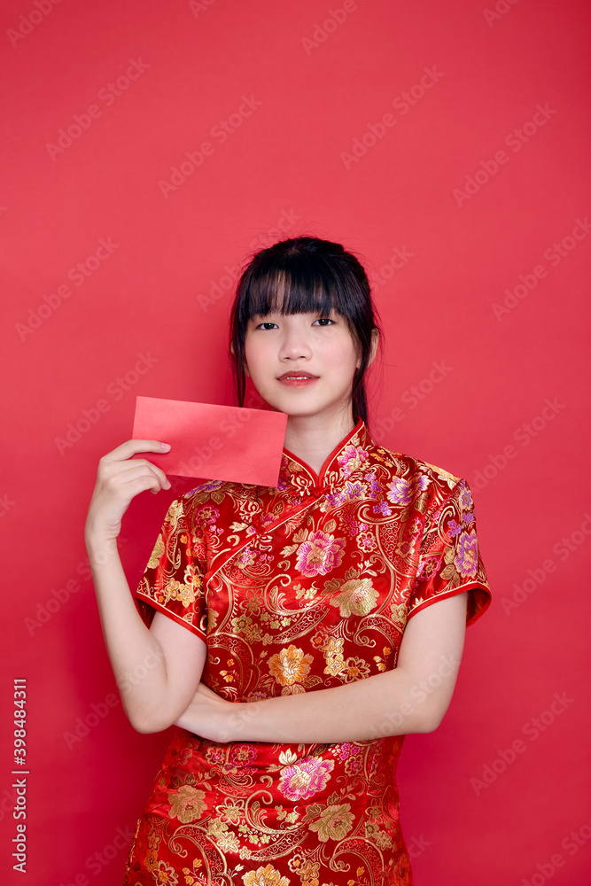 woman wearing red cheongsam Holding Envelope woman wearing red cheongsam Holding Envelope