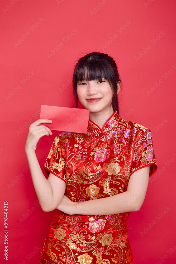 woman wearing red cheongsam Holding Envelope woman wearing red cheongsam Holding Envelope