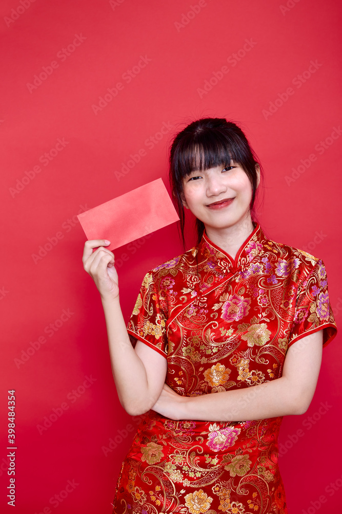 woman wearing red cheongsam Holding Envelope woman wearing red cheongsam Holding Envelope