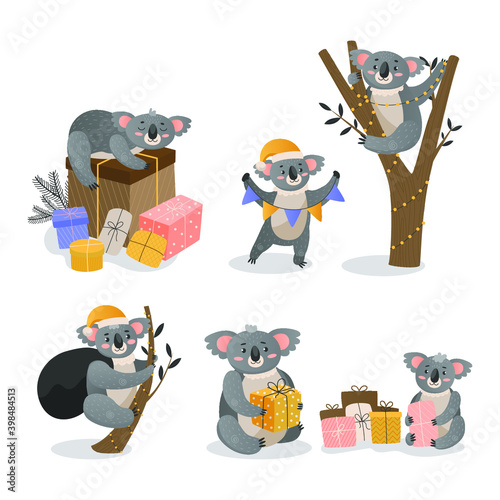 Canvas Print Collection of Christmas koalas Cartoon koalas greet the new year with gifts