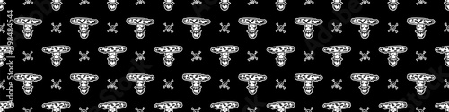 Punk rock monochrome mushroom vector seamless border. Simple alternative banner. Kids fungi emo rocker cute hand drawn cartoon grungy tattoo with attitude motif. 