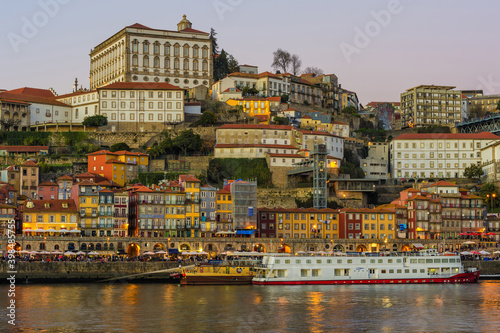 Sunset over Ribeira district and former Episcopal Palace, Unesco World Heritage Site, Porto, Portugal