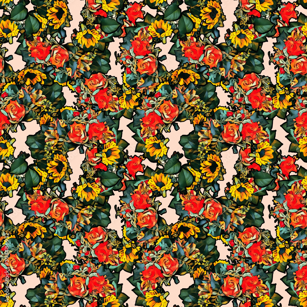 Naklejka premium Sunflowers and roses seamless pattern.