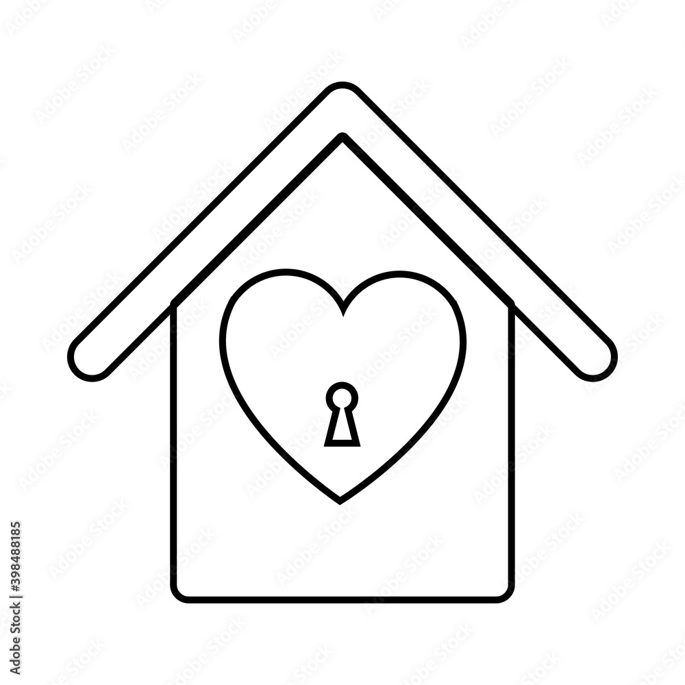 Black and white linear simple icon of a beautiful house with a birdhouse with a heart and a keyhole for the feast of love Valentine's Day or March 8th.  illustration