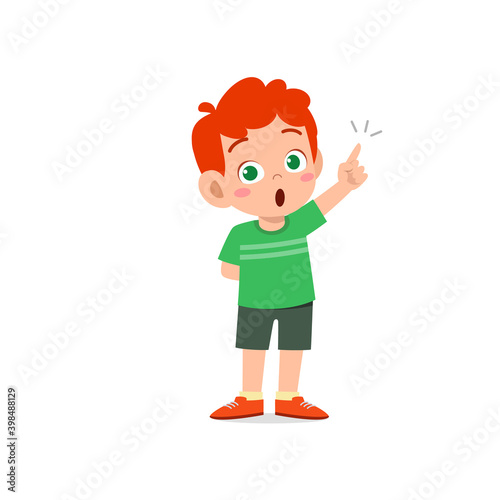 cute little kid boy thinking and has an idea face expression gesture