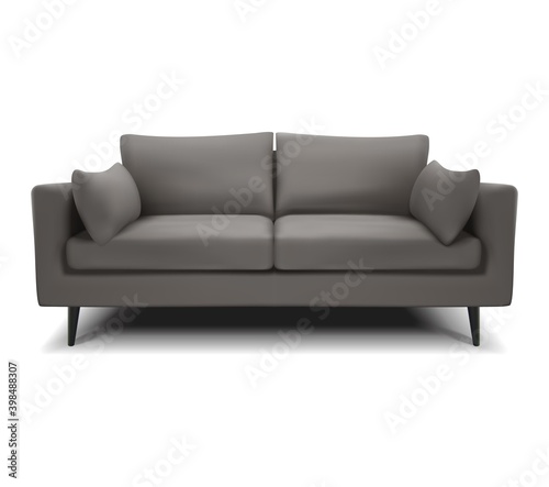 3d realistic vector gray sofa, couch on a white background. Isolated.