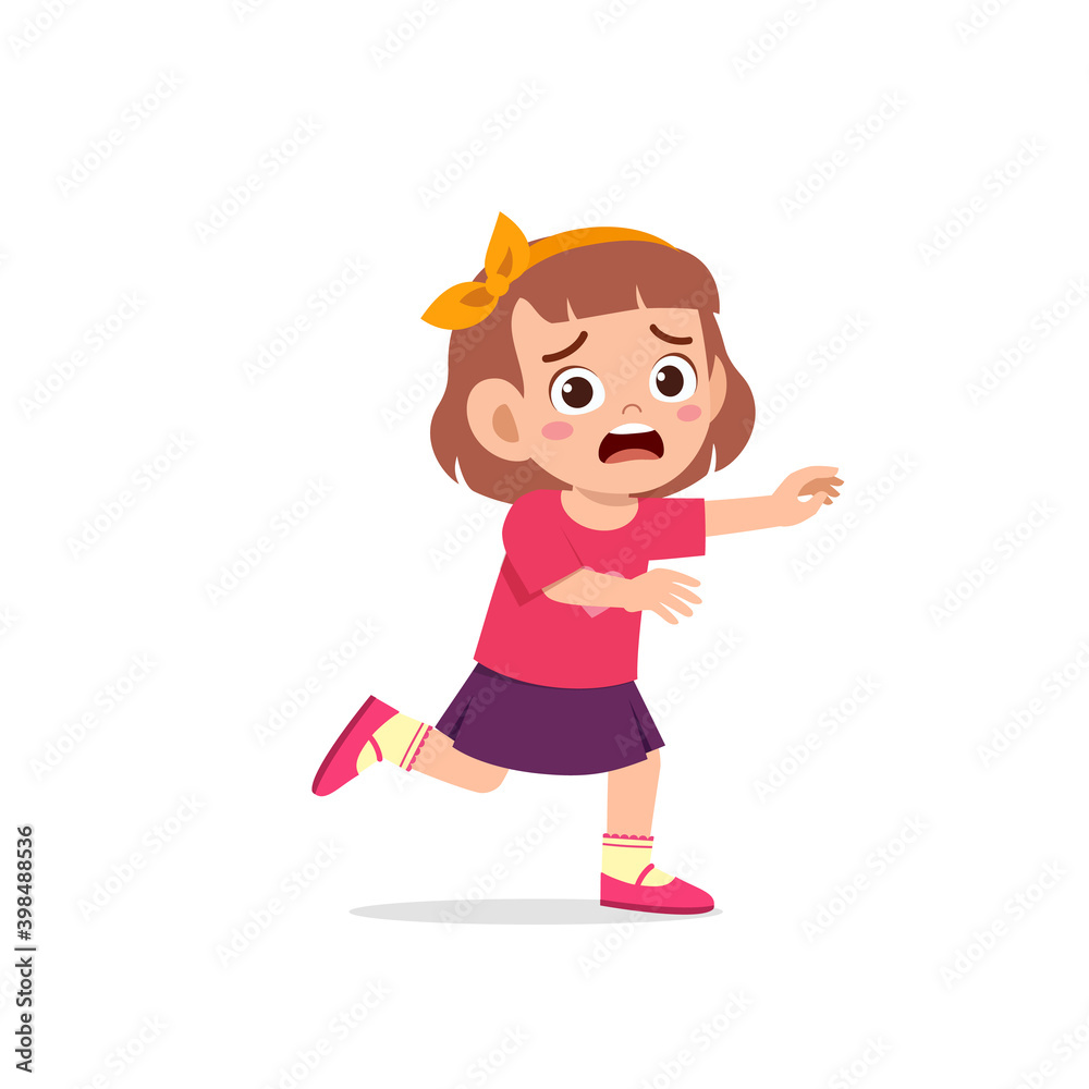 cute little kid girl scared and run expression gesture
