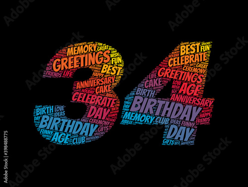 Happy 34th birthday word cloud, holiday concept background photo