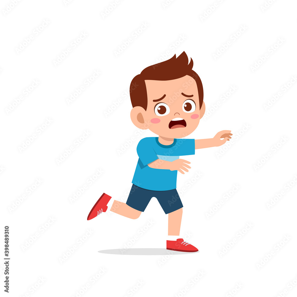 cute little kid boy scared and run expression gesture