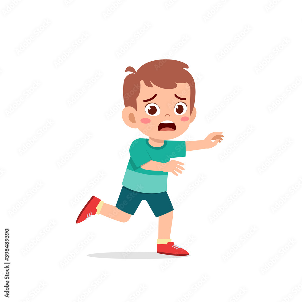 cute little kid boy scared and run expression gesture