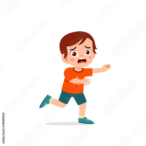 cute little kid boy scared and run expression gesture