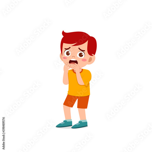 cute little kid boy feeling scared and shocked expression gesture