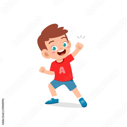 cute little kid boy show win fist up expression gesture