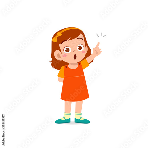 cute little kid girl thinking and has an idea face expression gesture