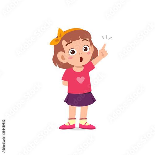 cute little kid girl thinking and has an idea face expression gesture