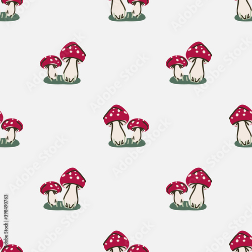 Cute gender neutral toadstool vector pattern. Fungi fly agaric home decor cartoon mushroom. Seamless boho poisonous mycology all over print. 
