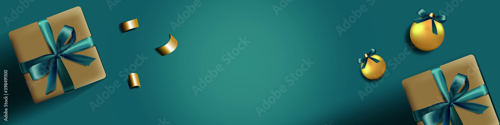 Fototapeta premium Scalable vector graphics. Christmas background. Realistic background with 3D objects, Xmas decorations: gift box with satin bow, snowflake, glittering confetti and Christmas tree toy. View from above.